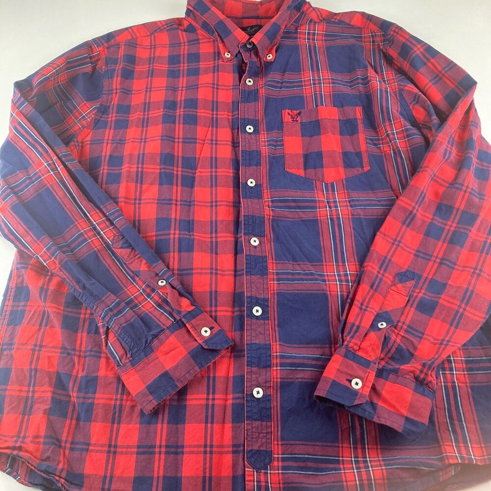 American Eagle Patchwork Plaid Shirt Mens XXL Red Blue Cotton Long Sleeve